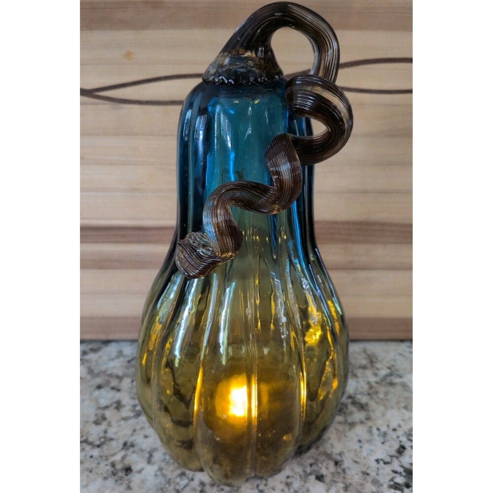 Handblown Glass Lit Gourd Pumpkin Twisted Stem Two-Tone Blue Amber Gradient 11"